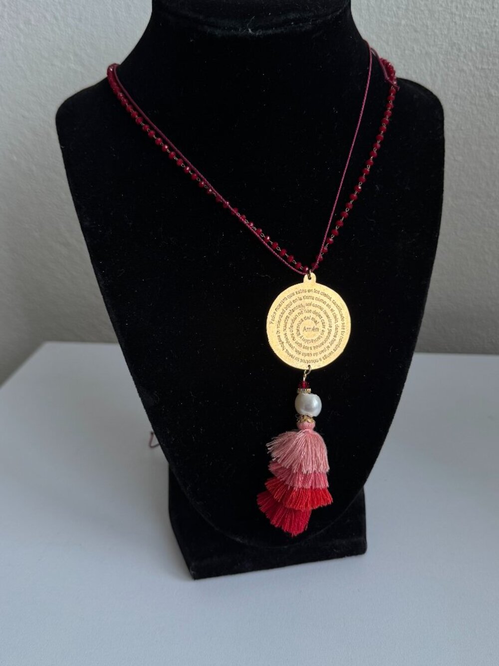 Padre Nuestro Prayer Tassel Pendant Necklace Adjustable Boho Burgundy